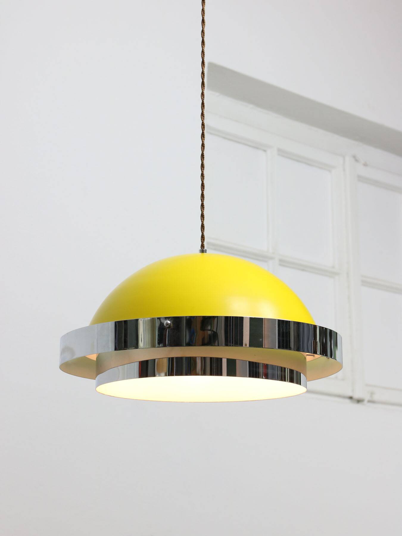 Space-age italian yellow and chrome metal pendant lamp, 1970s