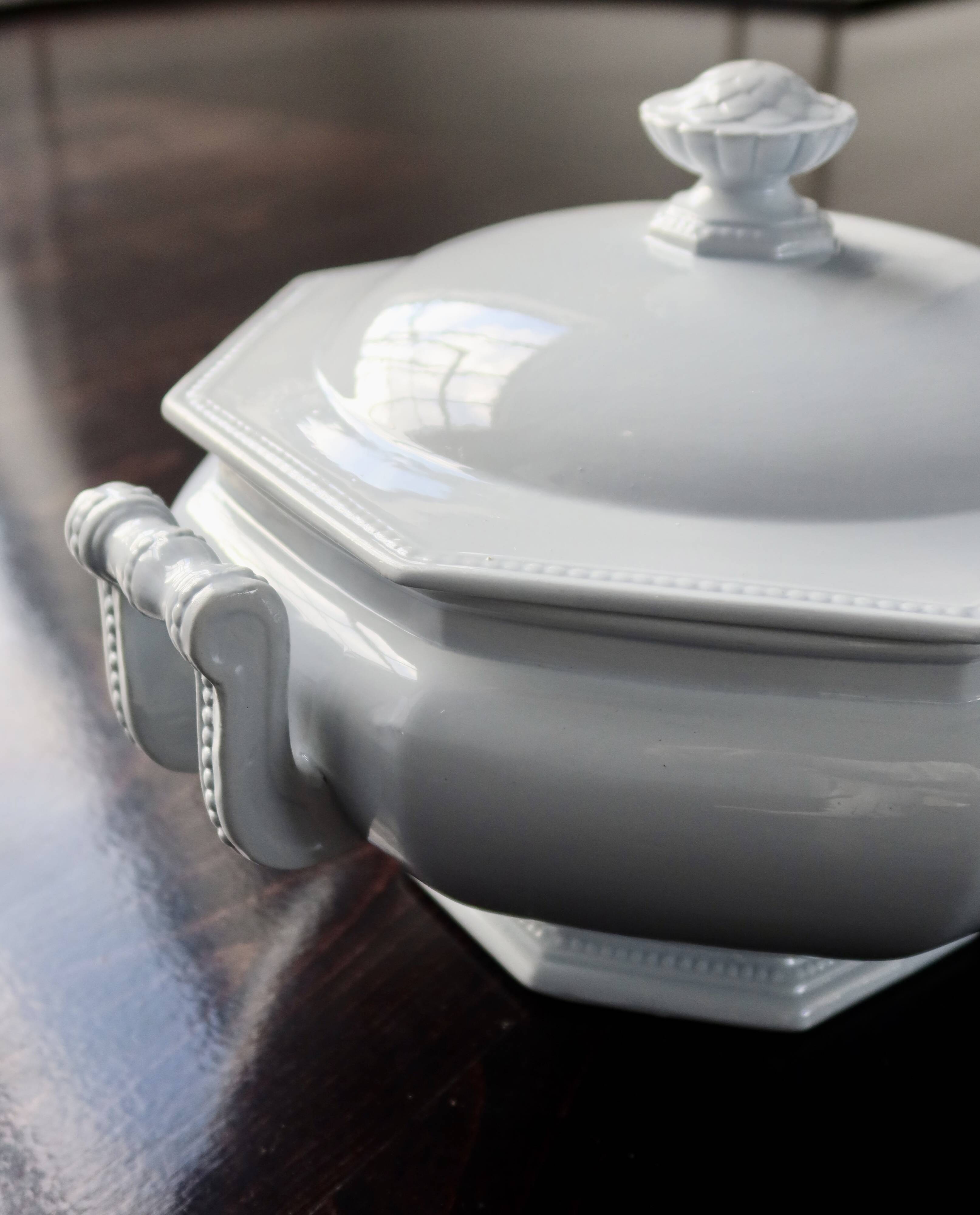 Antique Creil and Montereau earthenware tureen with blue pearl motif