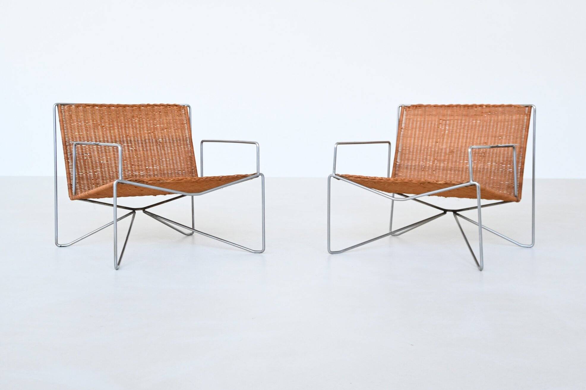Pair of lounge chairs steel and rattan Gelderland The Netherlands 1964