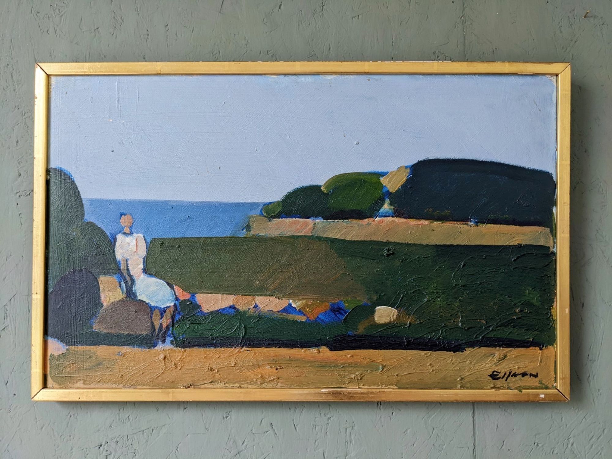 Mid-Century Modern Swedish Oil Painting "Coastal Musing" Framed Landscape