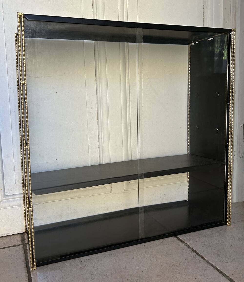 Double gold metal string shelves and black trays, vintage, 60s