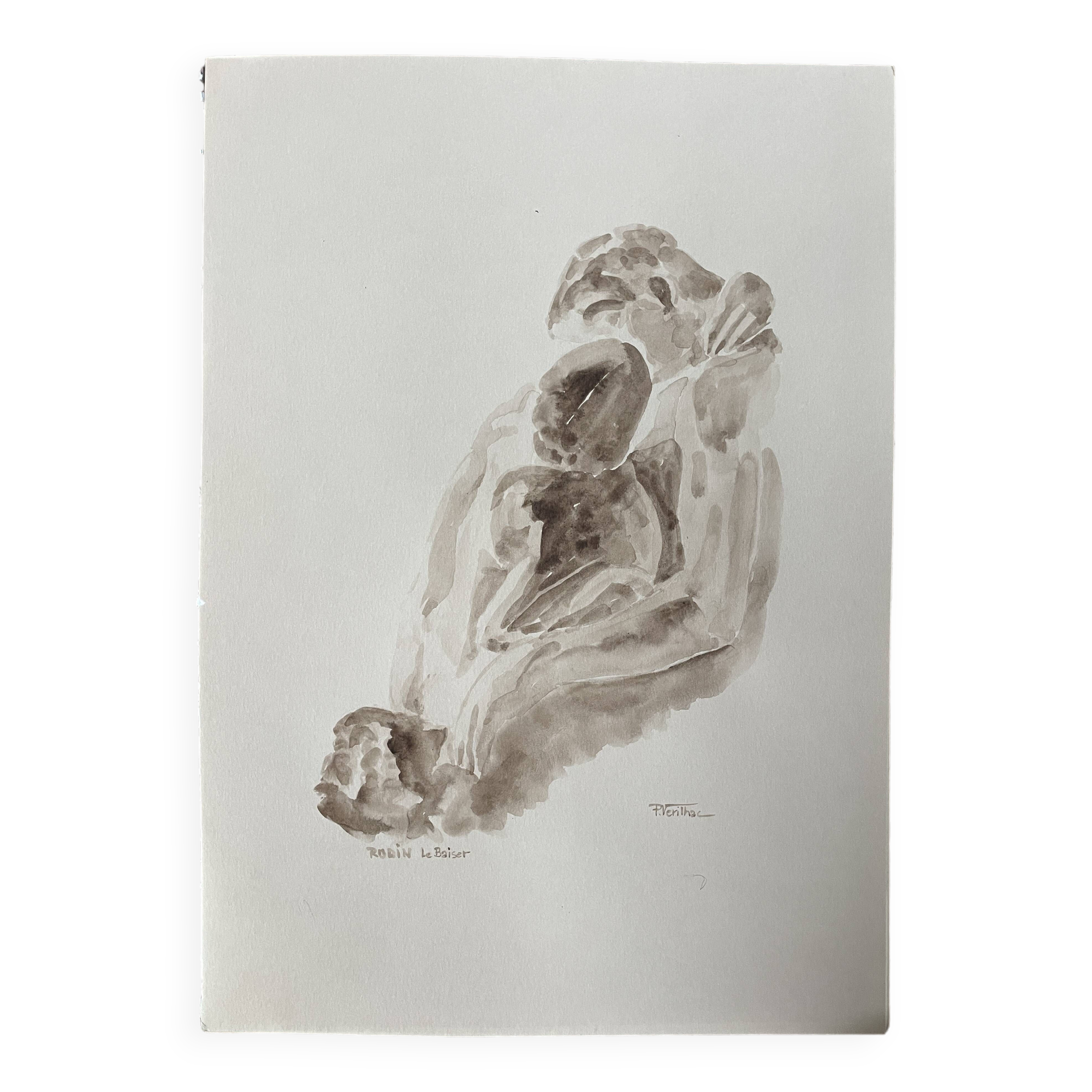 Painting signed sepia monochrome watercolor study of the statue “Rodin’s kiss”