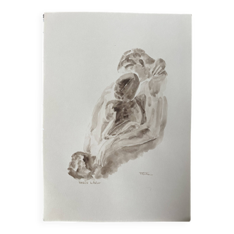 Painting signed sepia monochrome watercolor study of the statue “Rodin’s kiss”