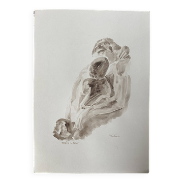 Tableau signé aquarelle monochrome sépia étude de la statue « le baiser de Rodin »