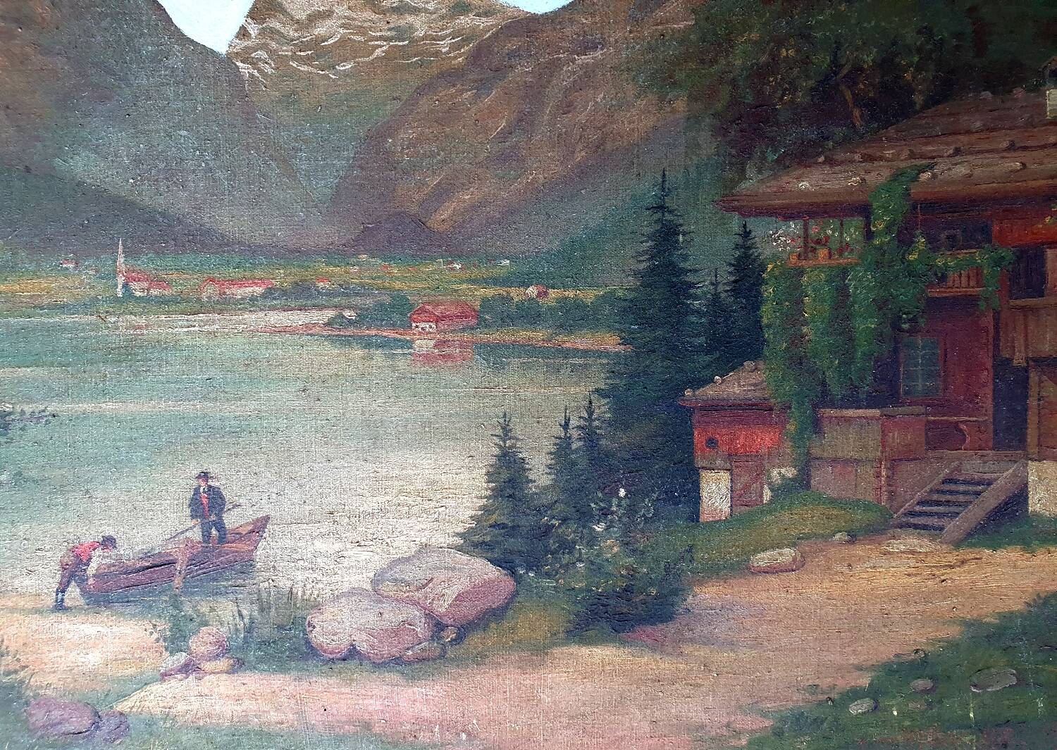 Tableau ancien Lac de montagne animé Signé Lombaere