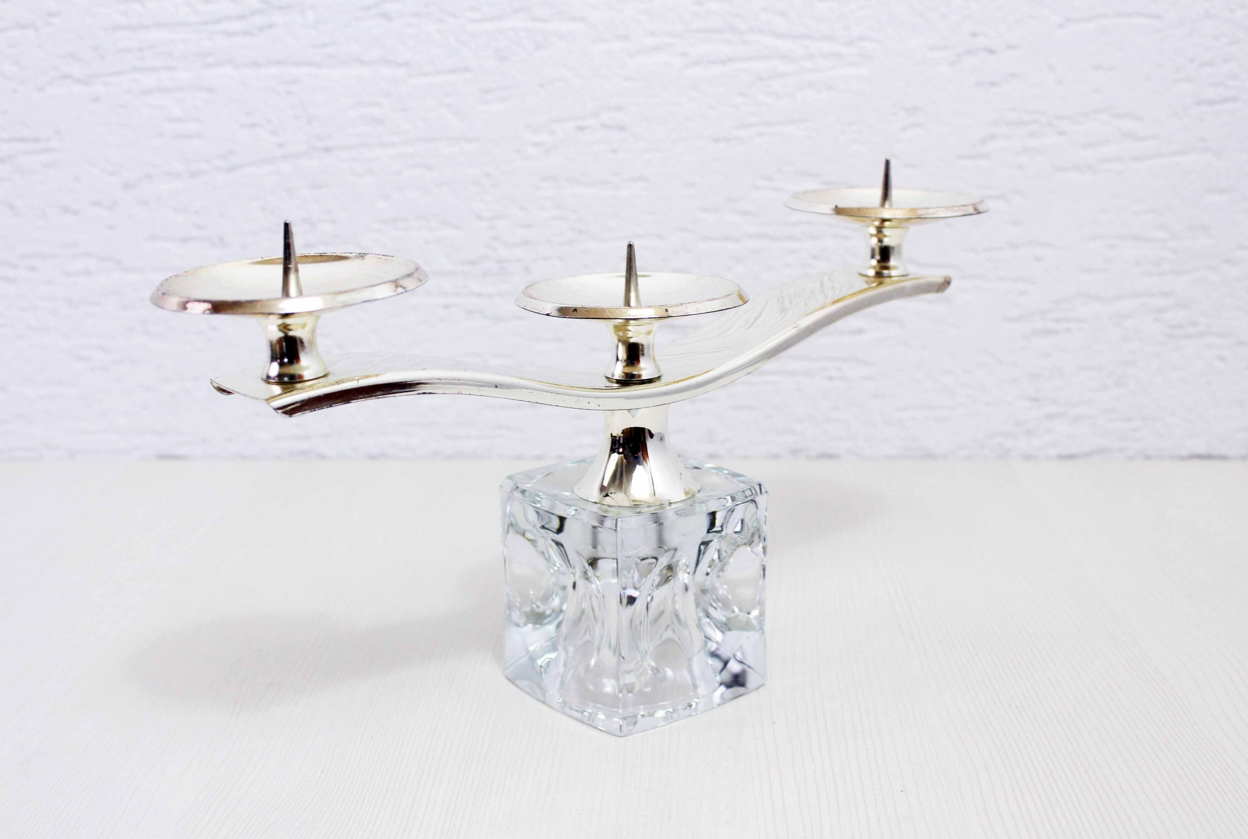Glass and silver-plated metal candle holder