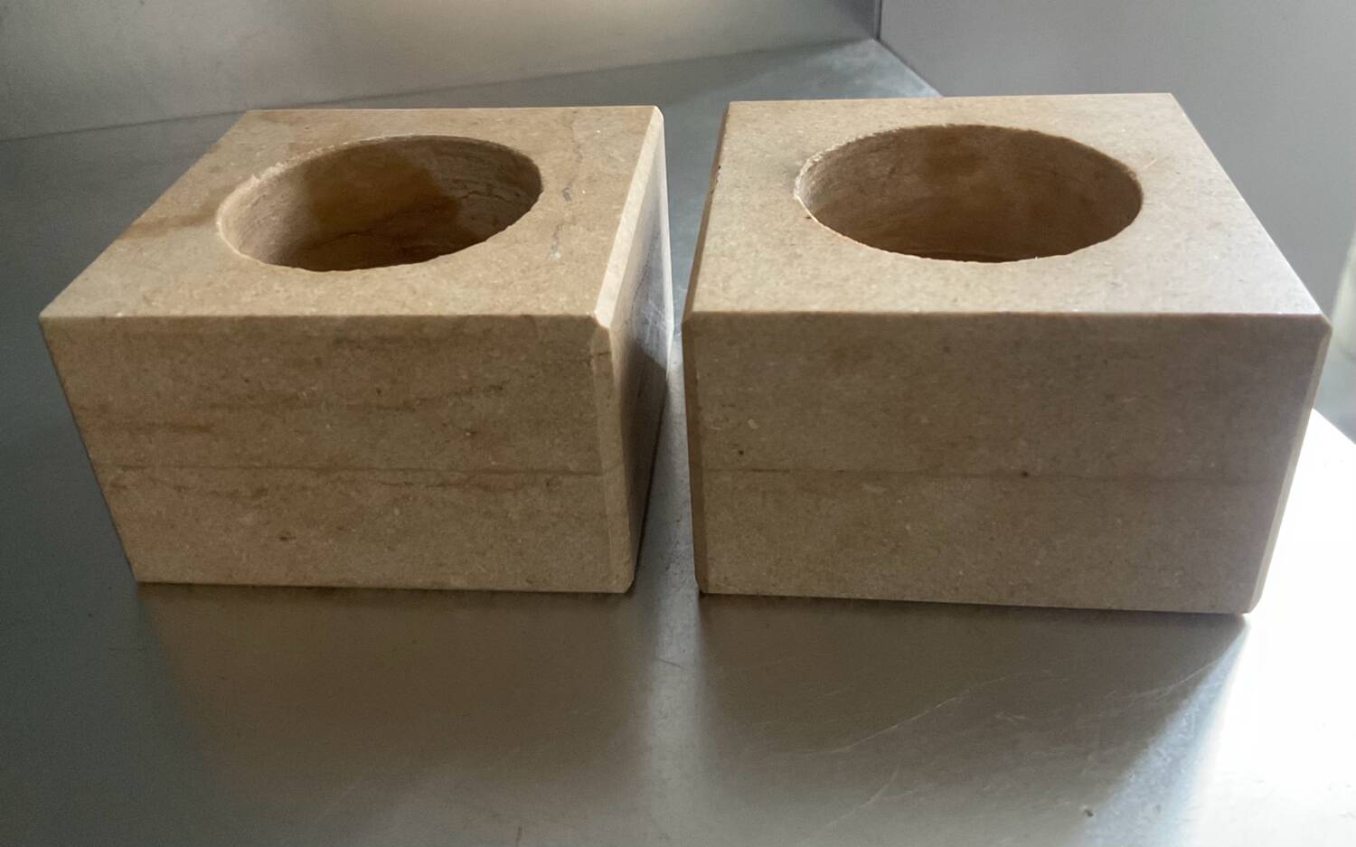 Pair of vintage travertine cube candlesticks from the 70s