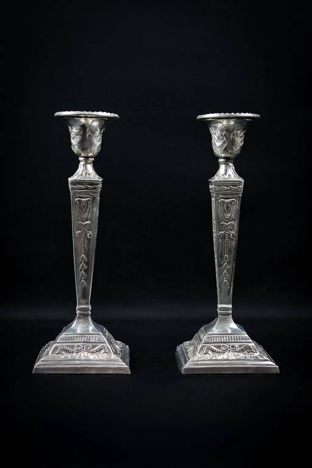 Pair of Neoclassical Victorian Silver Plated Candlesticks