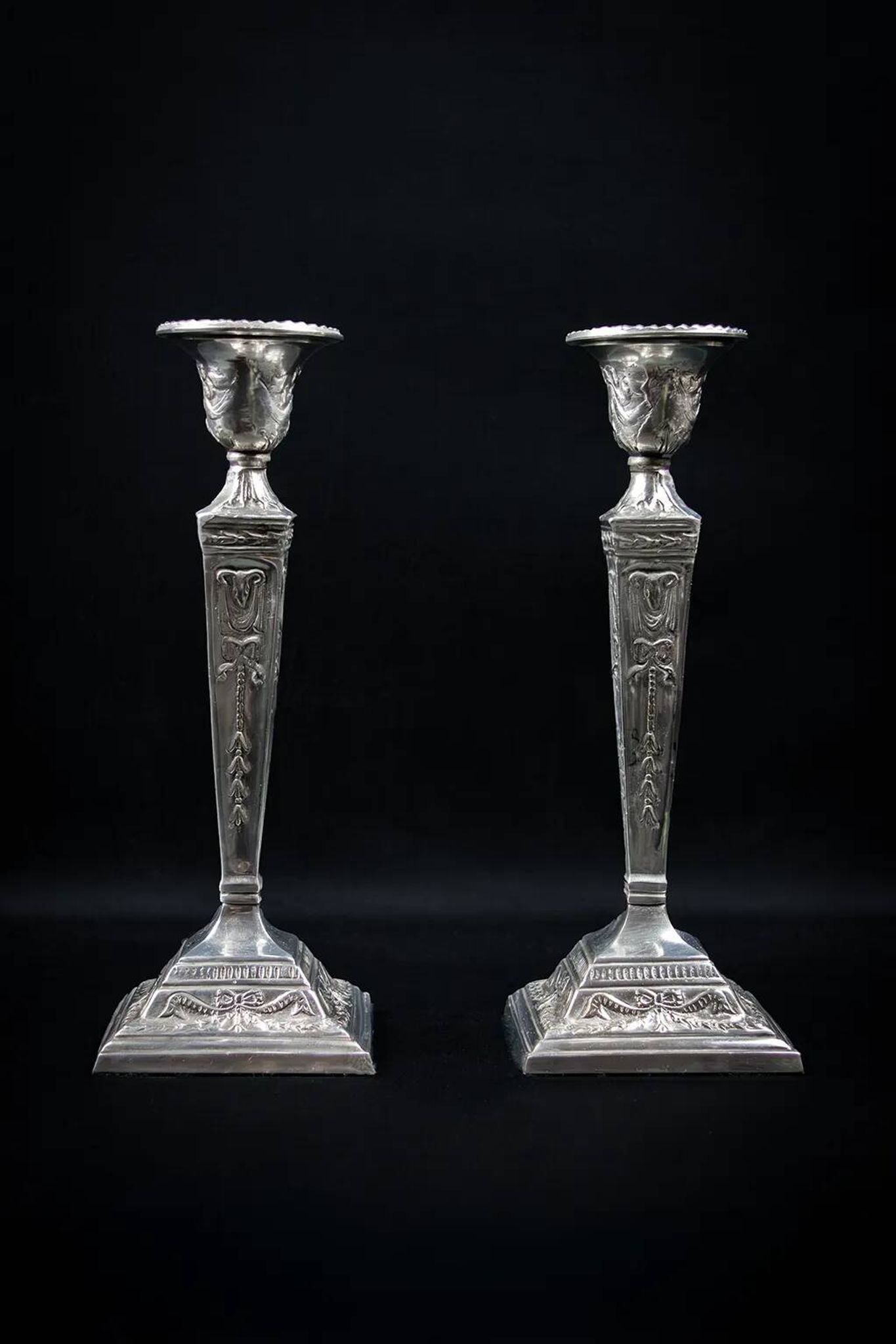 Pair of Neoclassical Victorian Silver Plated Candlesticks