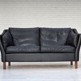 1970s, Danish 2-seater sofa, original black furniture leather, teak wood.