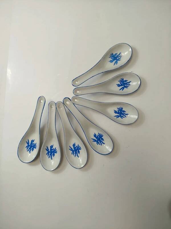 Lot de 8 cuillères asiatiques en porcelaine blanche et bleue – style Chantong chinois traditionnel