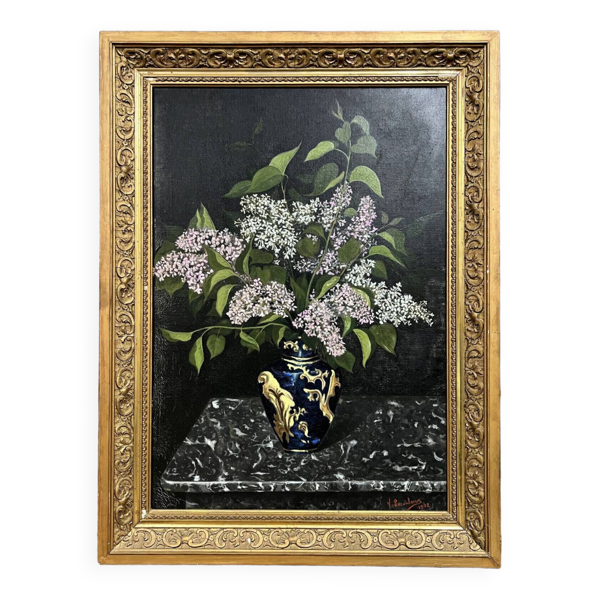 Lecouteux 1902: still life painting with a bouquet of lilacs