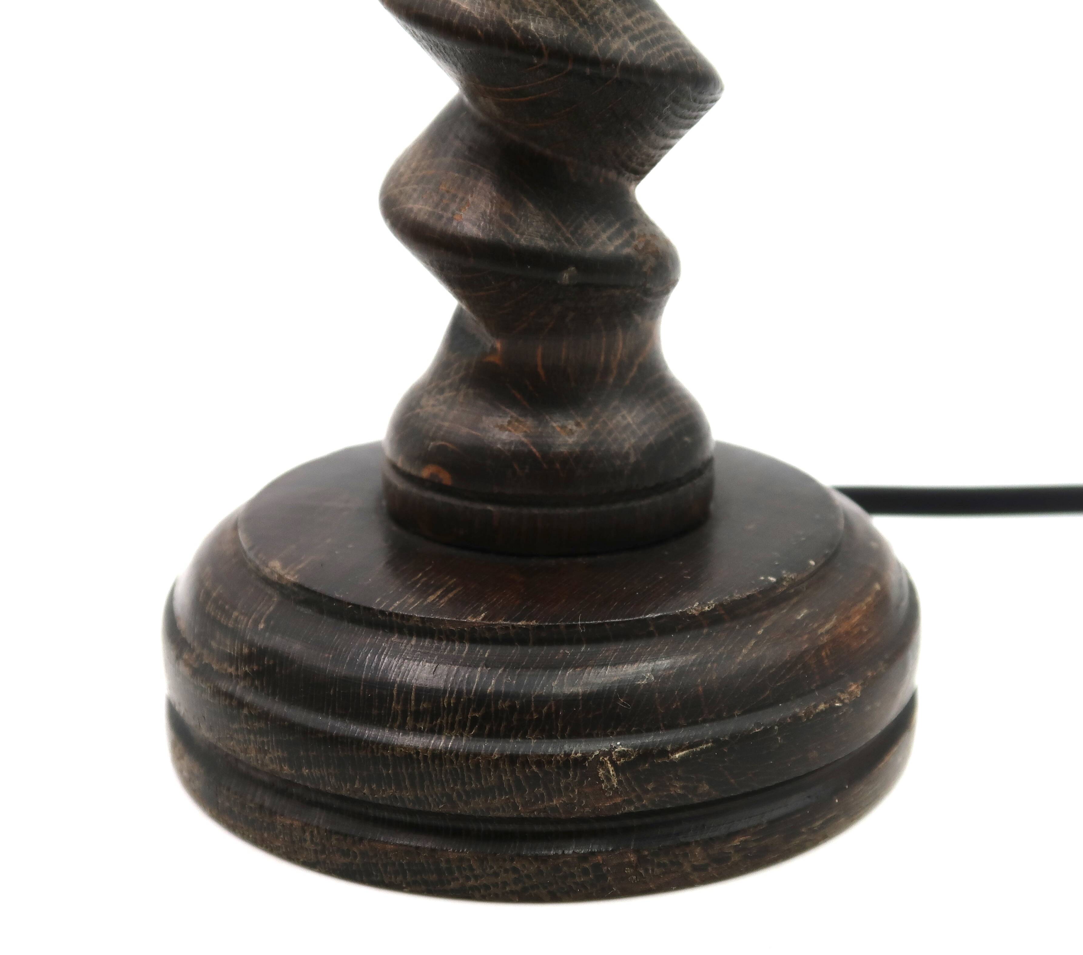 Wooden column lamp by Charles Dudouyt with raffia shade, 1940s.