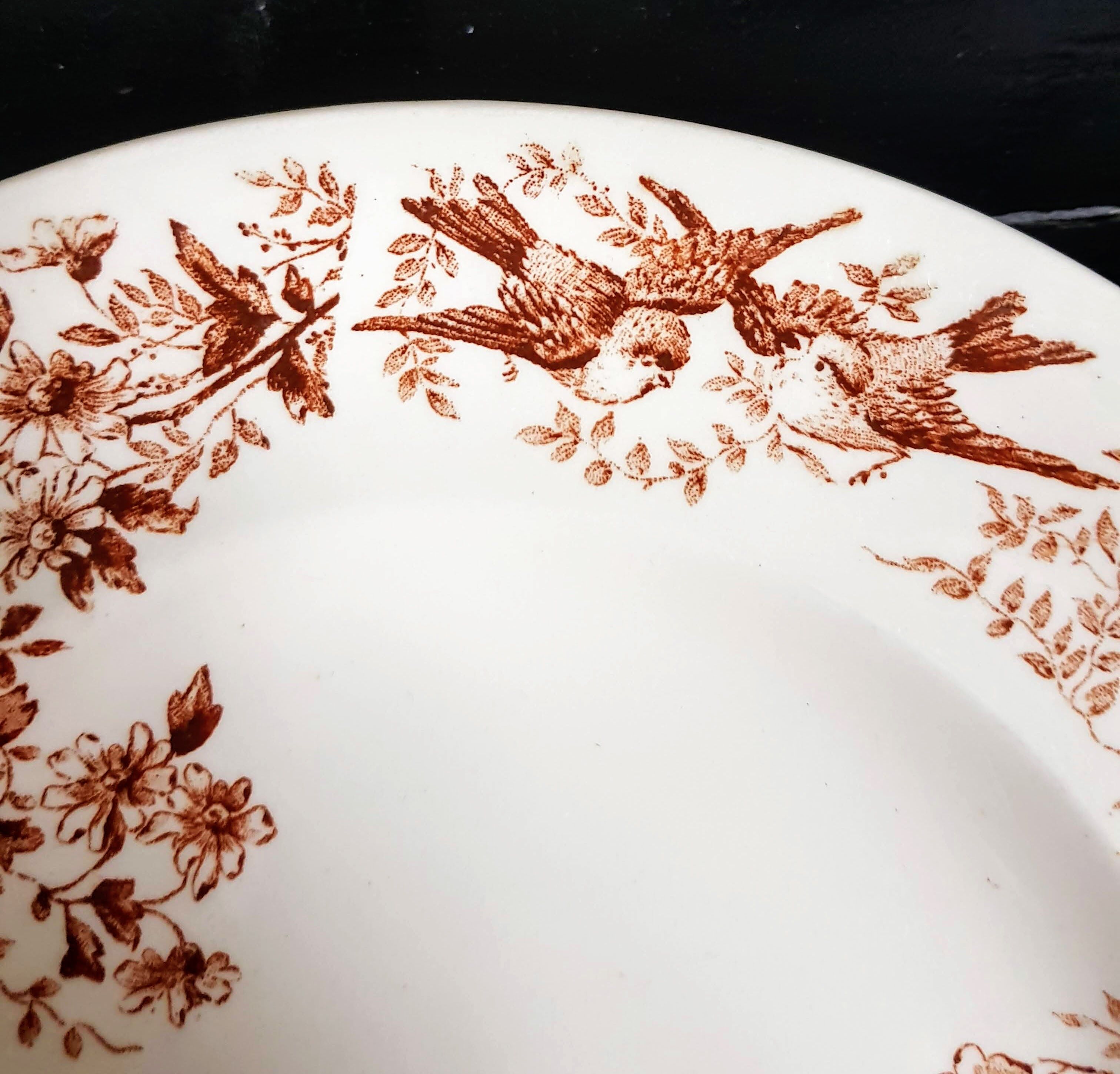 Set of Five Antique French Ceramic Plates with Birds and Flowers - Longwy - late XIX century
