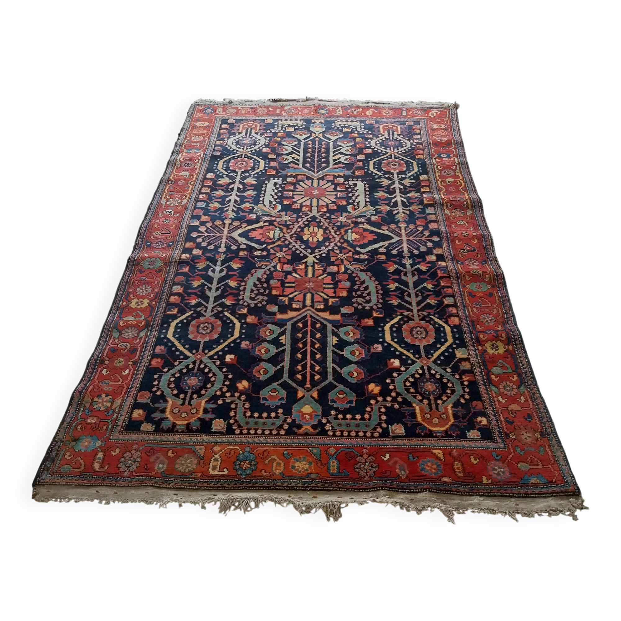 Ancien tapis persan noué main décor arbre de vie 230x140cm