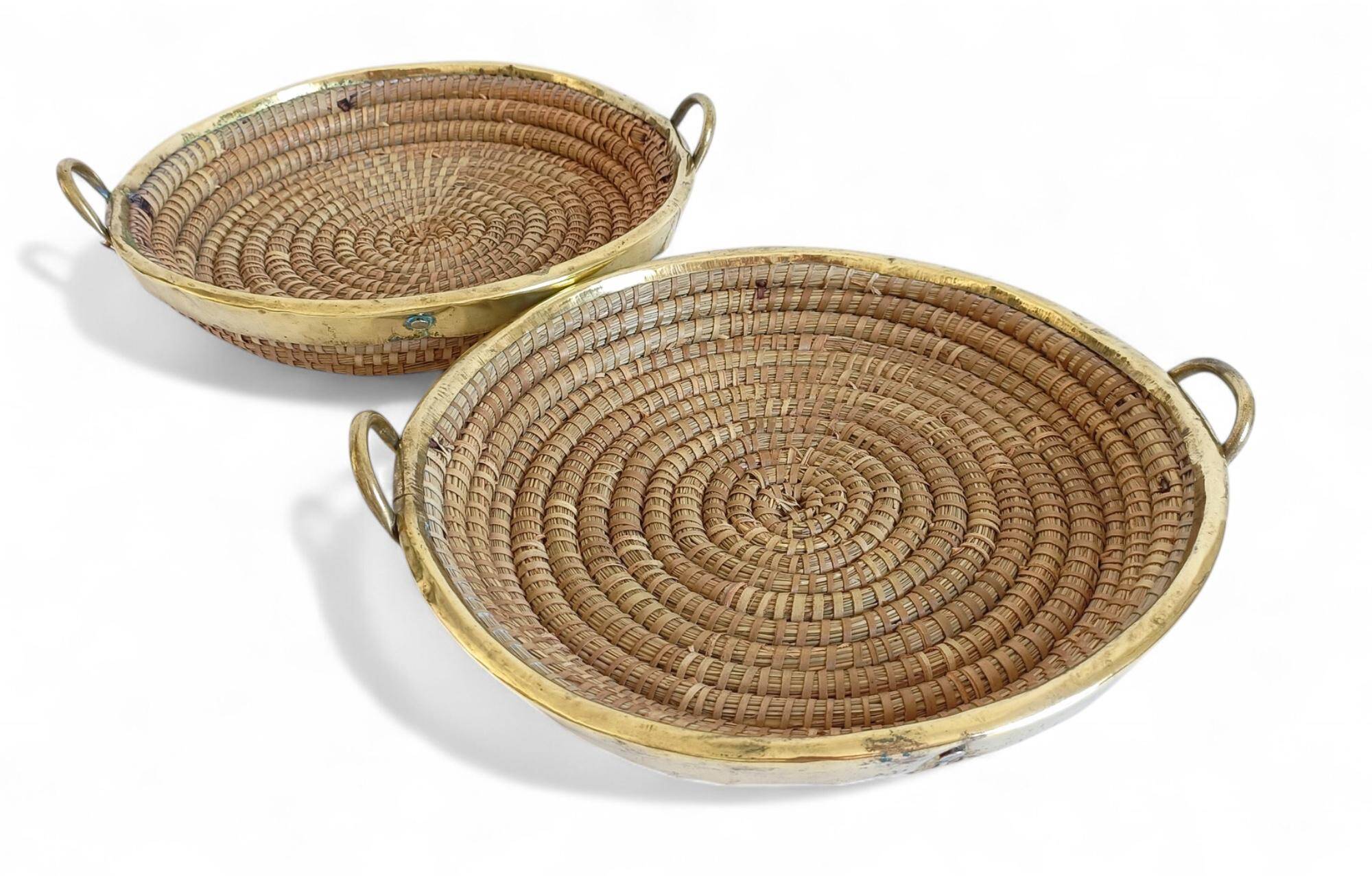 1970s Gabriella Crespi Style Handmade Natural Fiber and Brass Trays