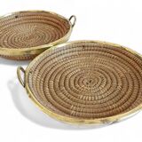 1970s Gabriella Crespi Style Handmade Natural Fiber and Brass Trays