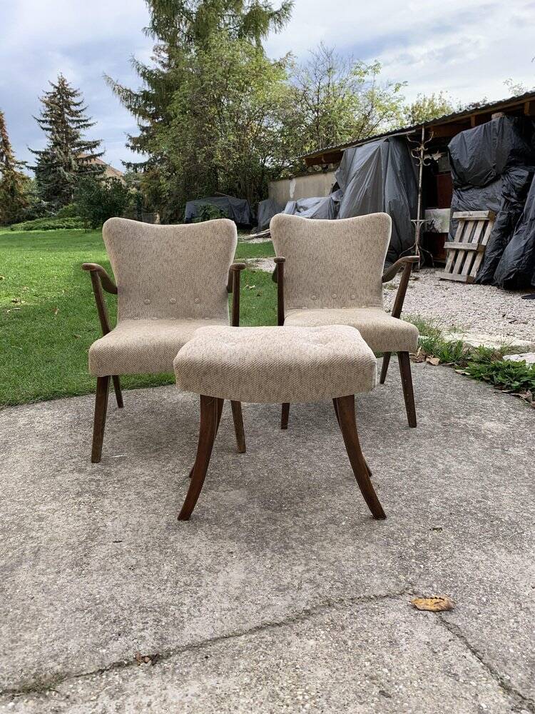 Art Deco set 1940 - 2 bridge chairs and a brown stool, wood and fabric.