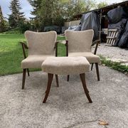 Art Deco set 1940 - 2 bridge chairs and a brown stool, wood and fabric.