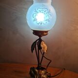 Wrought iron lamp art deco patinated gold with its opaque glass decorer pattern 40x14