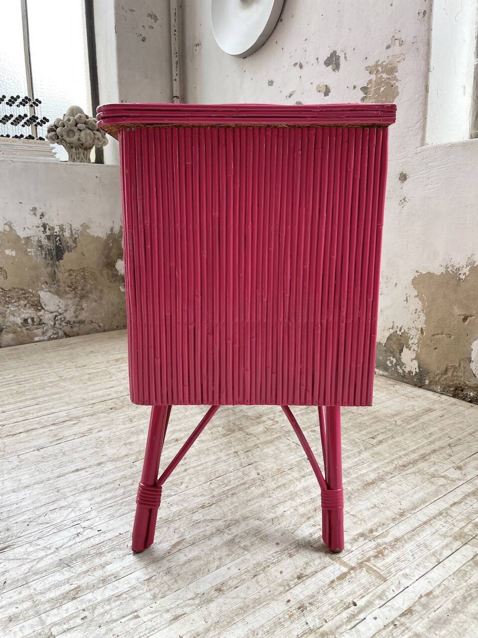 Vintage pink rattan chest of drawers