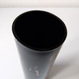 Black opaque glass vase with minimalist style copper inlays