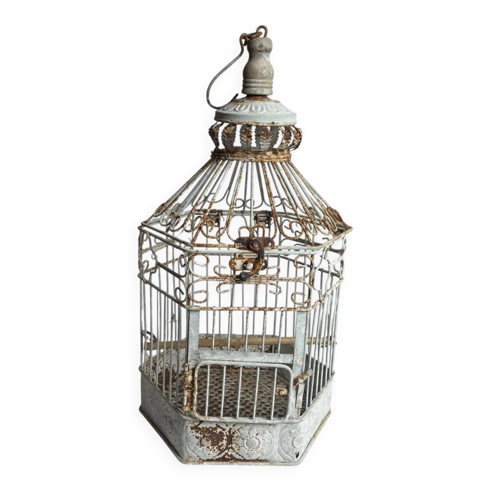Vintage hexagonal metal birdcage from around 1940.