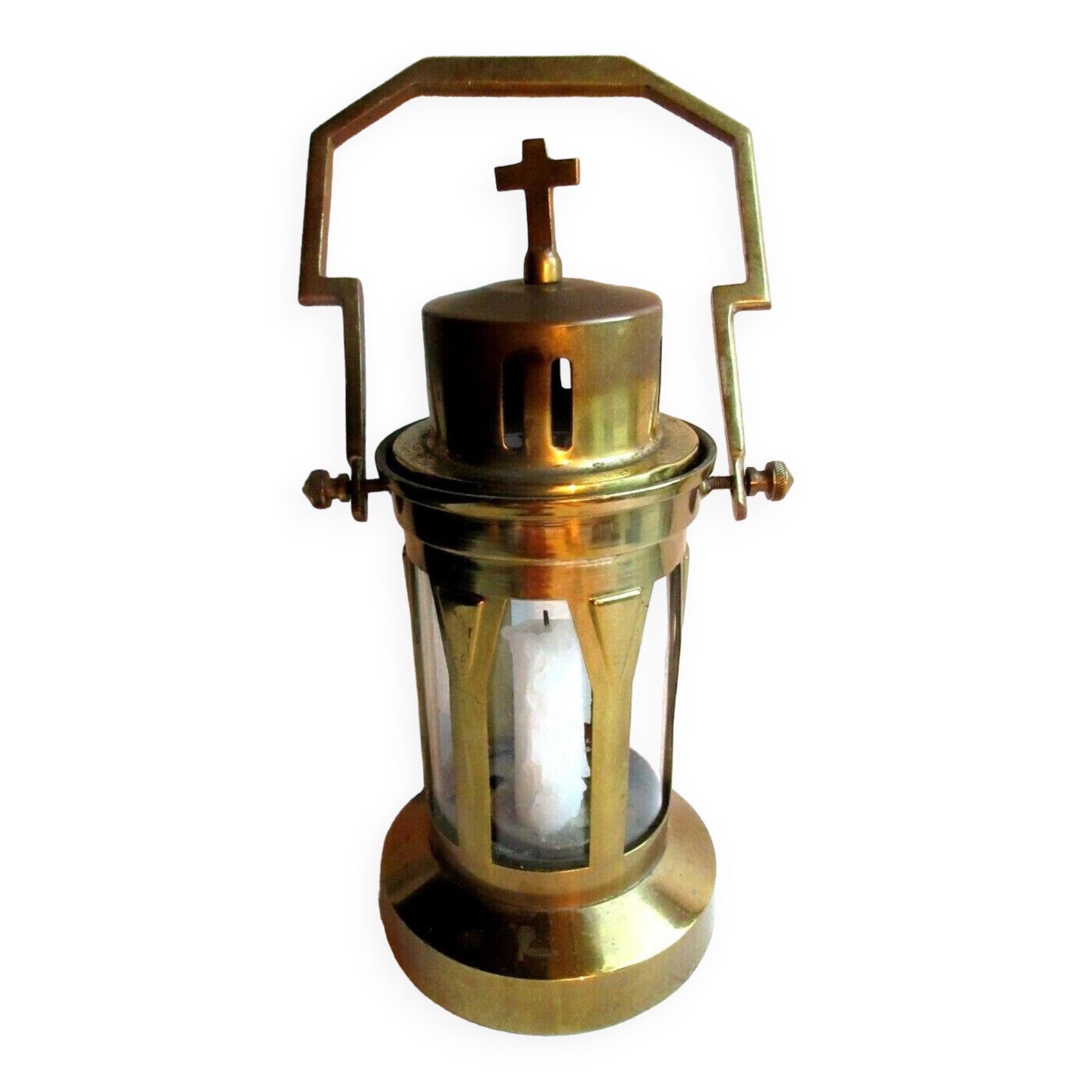Art Deco religious object, Old procession lantern, glass and gilded brass