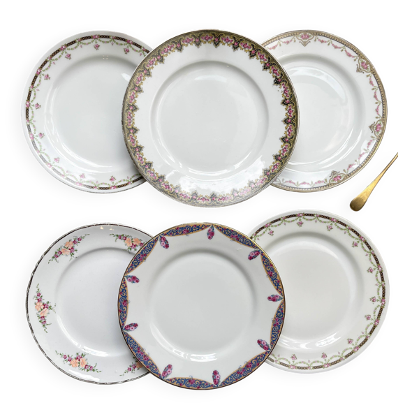 6 Assiettes à dessert vintage dépareillées en Porcelaine Française
