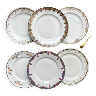 6 Assiettes à dessert vintage dépareillées en Porcelaine Française