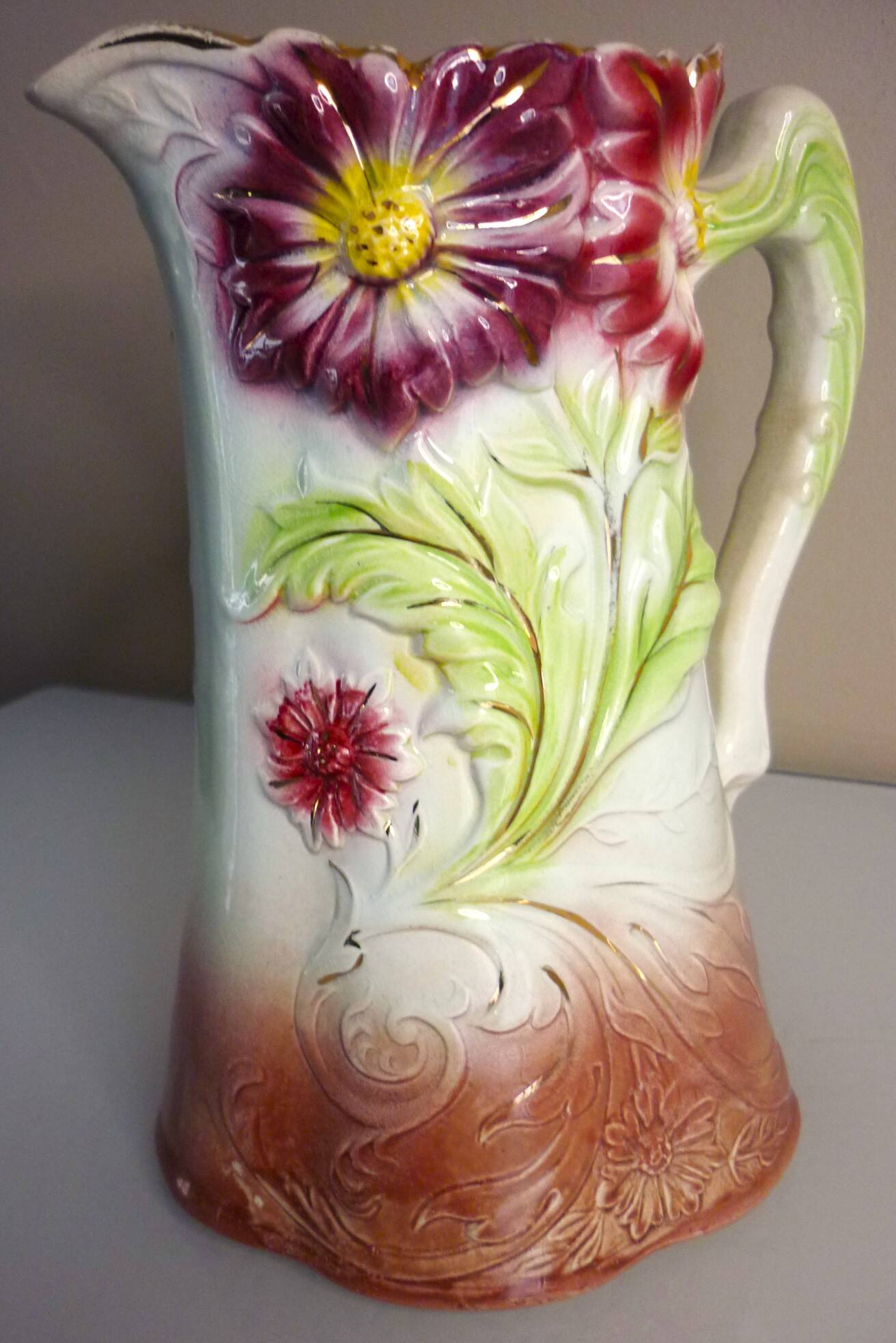 Barbotine pitcher, Onnaing earthenware, art nouveau ceramics, model no. 790