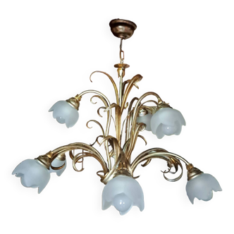 Lustre 9 lumières feuillage métal doré