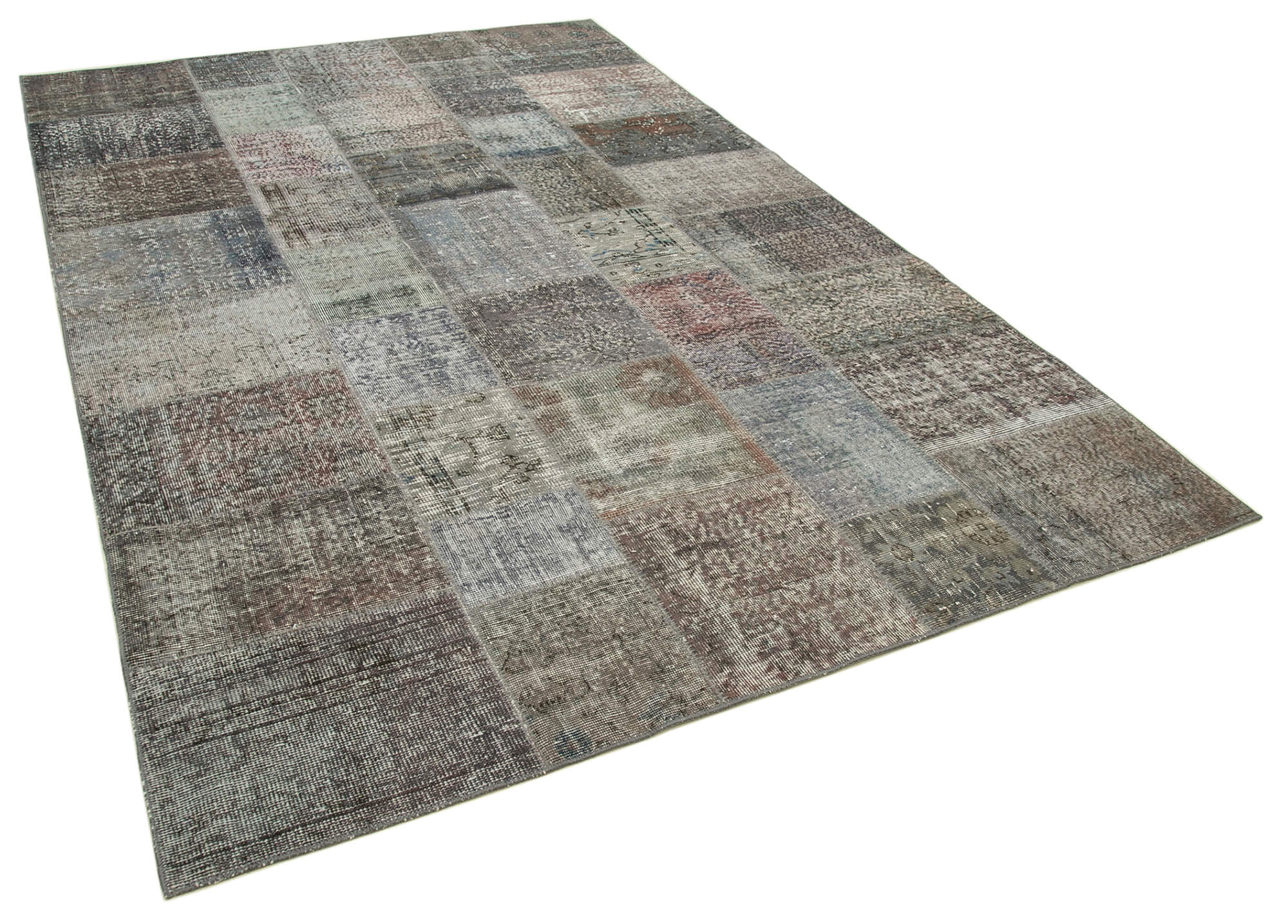 Hand-knotted oriental vintage 199 cm x 301 cm grey patchwork carpet