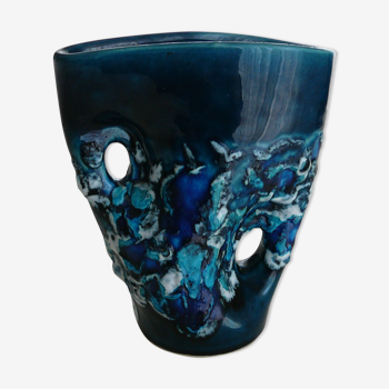 Vase bleu type Vallauris fait main signé