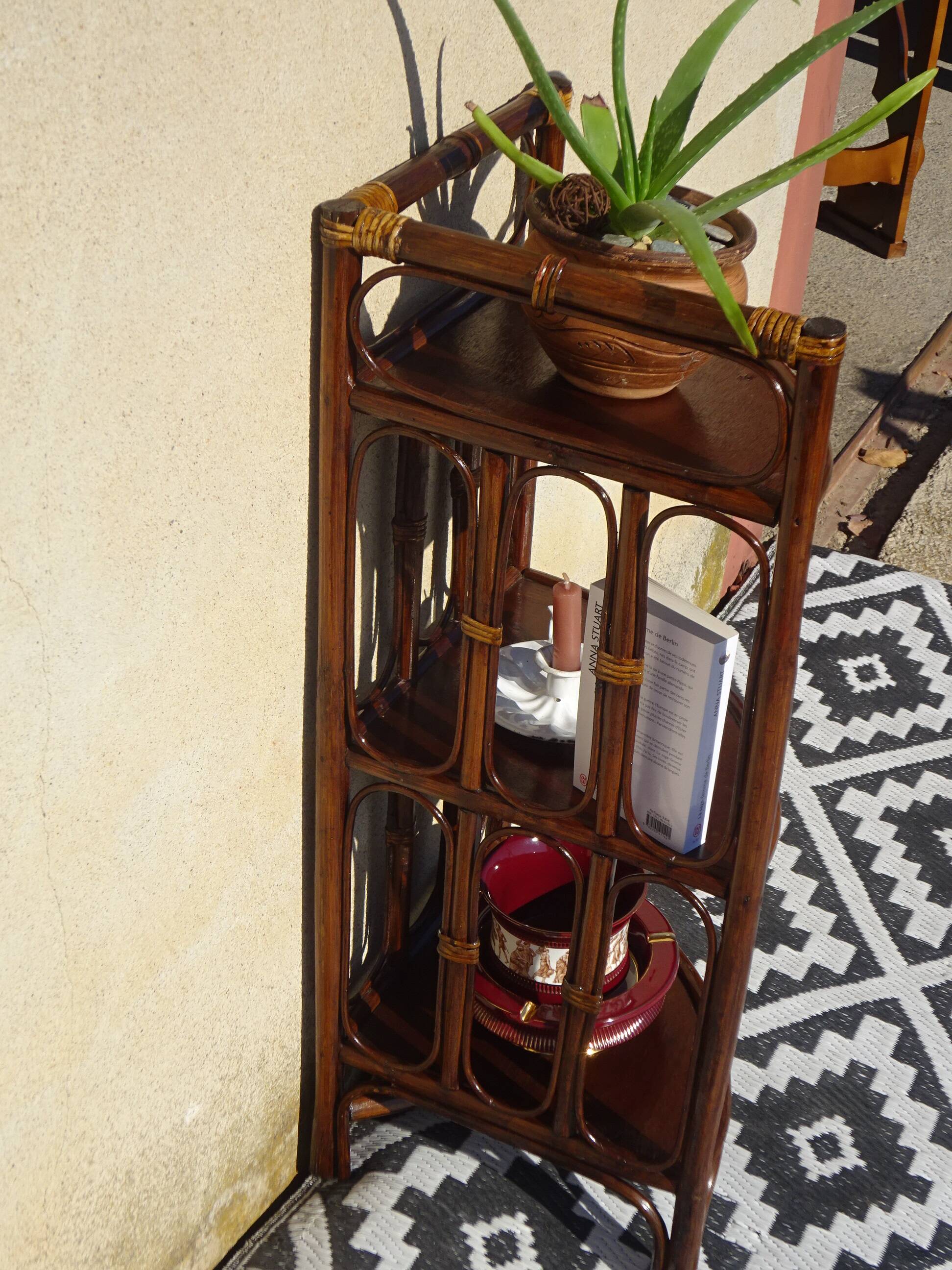 Rattan and bamboo bedside tables, both.