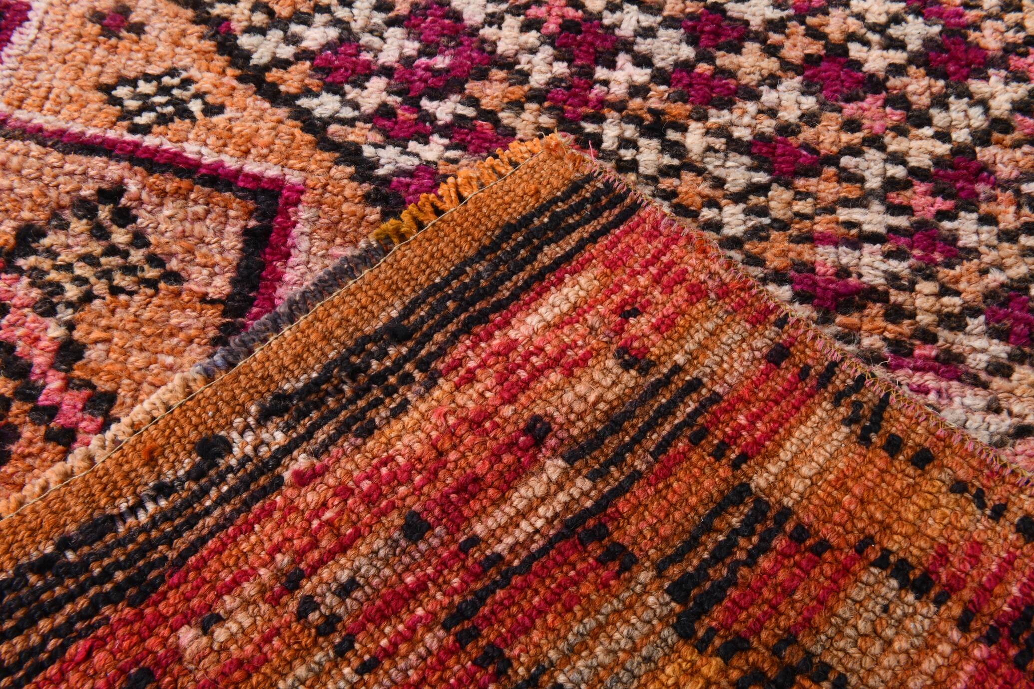 Fuchisa & Burgundy Turkish Runner Rug, One of a Kind Hallway Runner