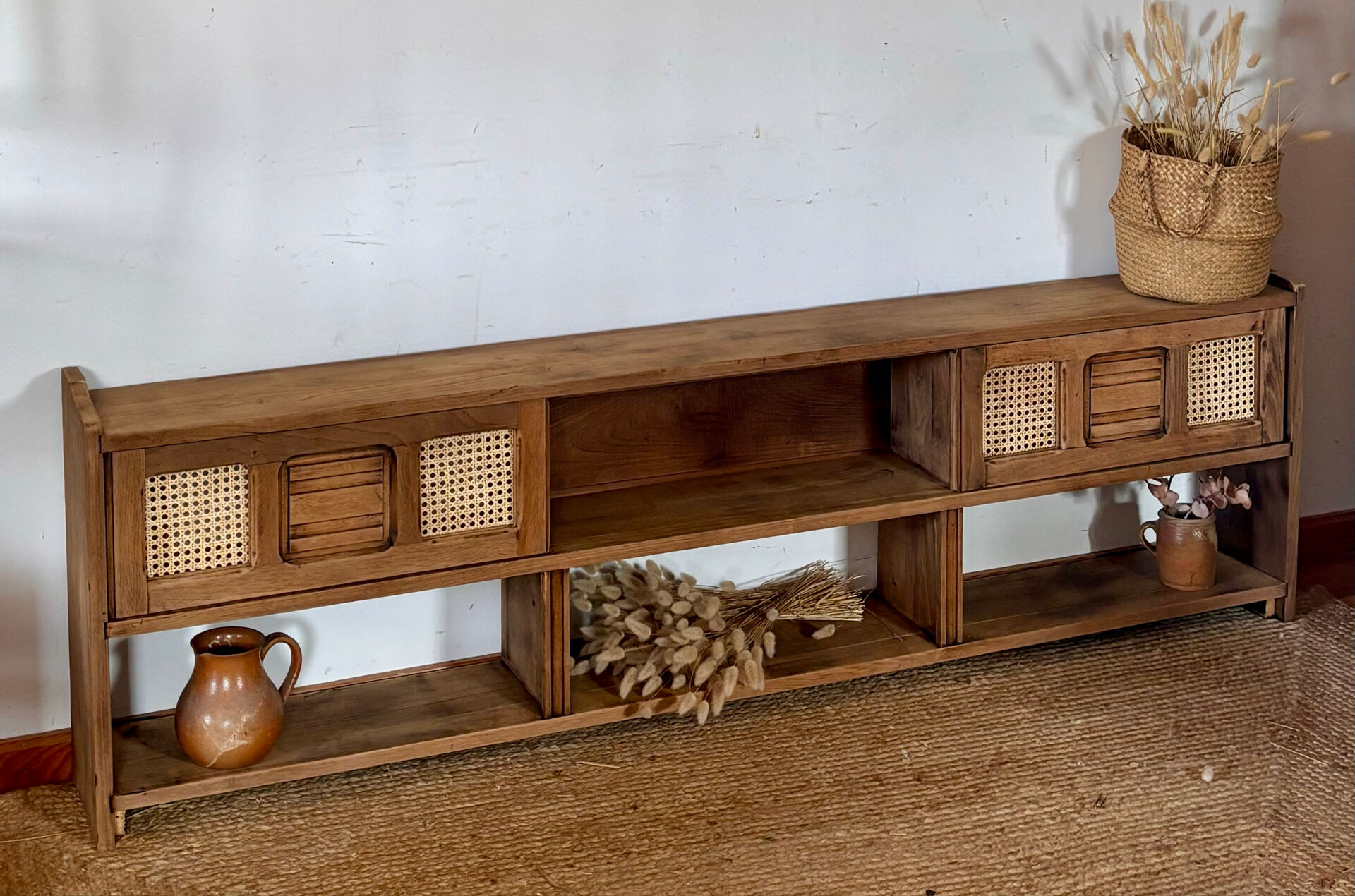 Vintage oak sideboard TV unit with raw finish and caning.