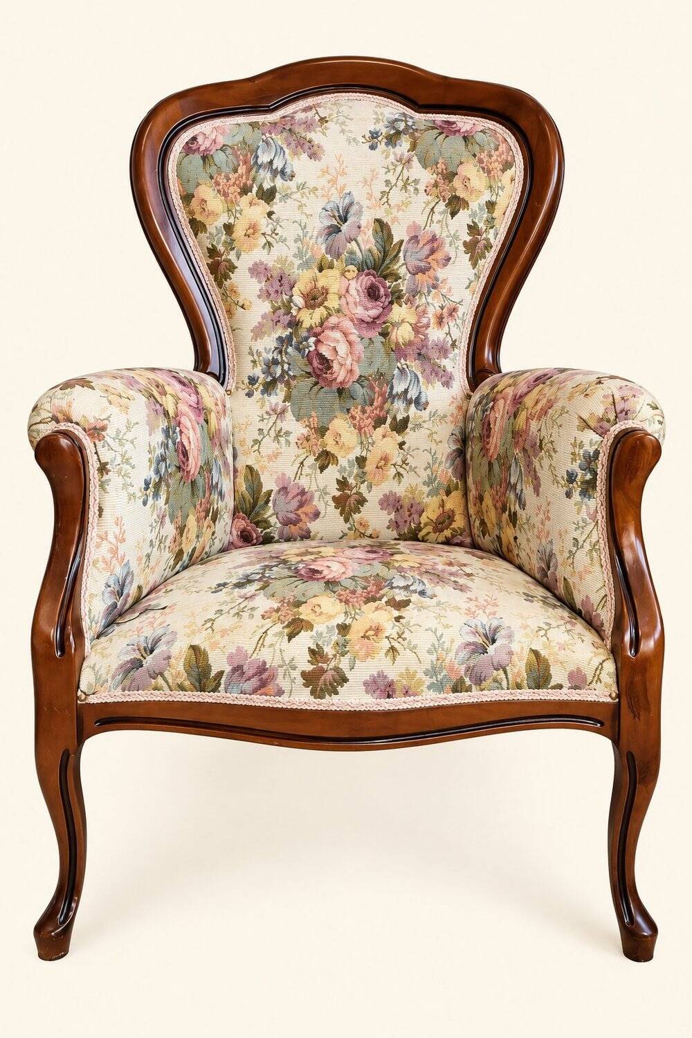 Louis XV style armchair with floral jacquard upholstery.