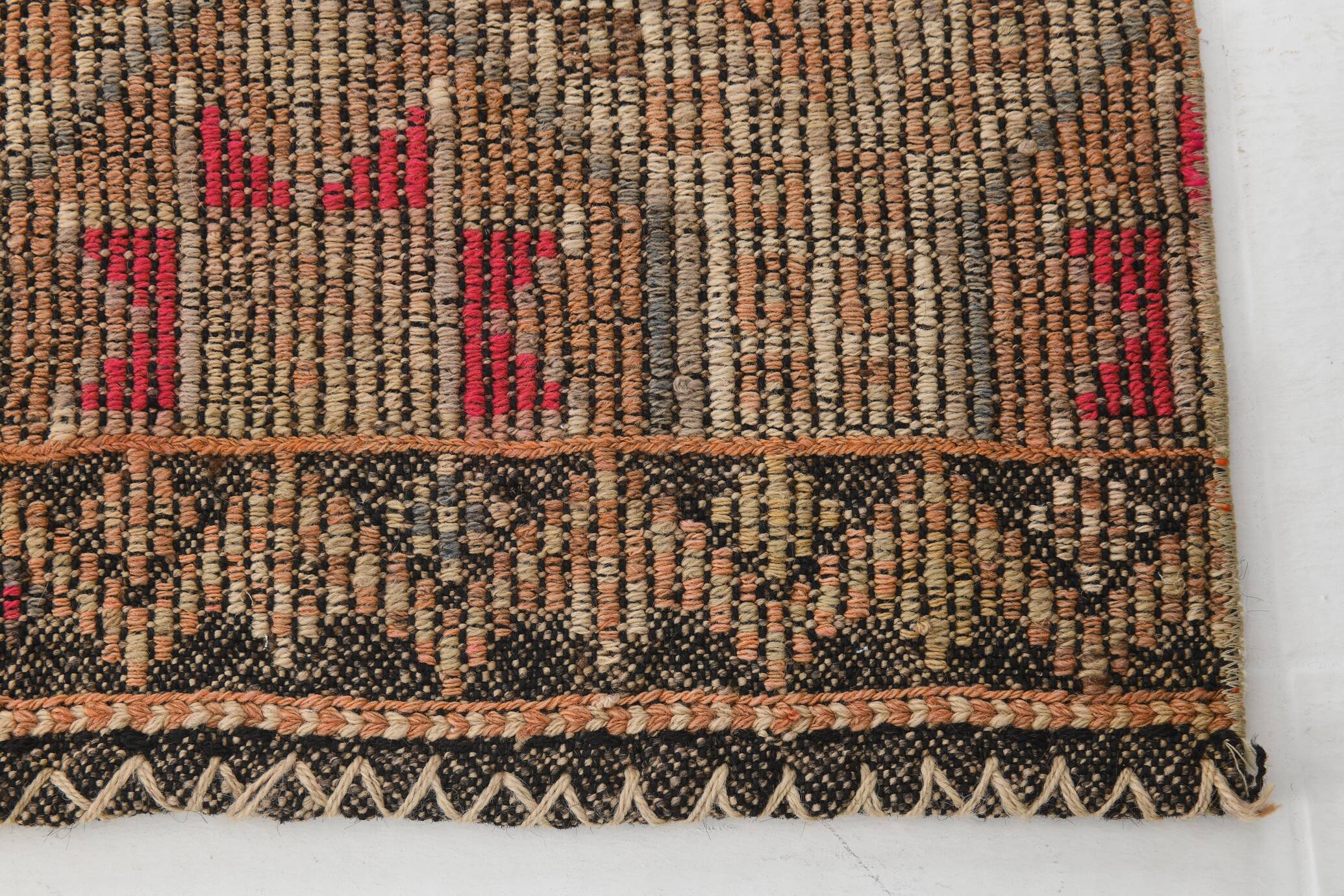 3x9 Faded Brown & Red Geometric Style Rug, Vintage Kilim Rug, 92x280Cm