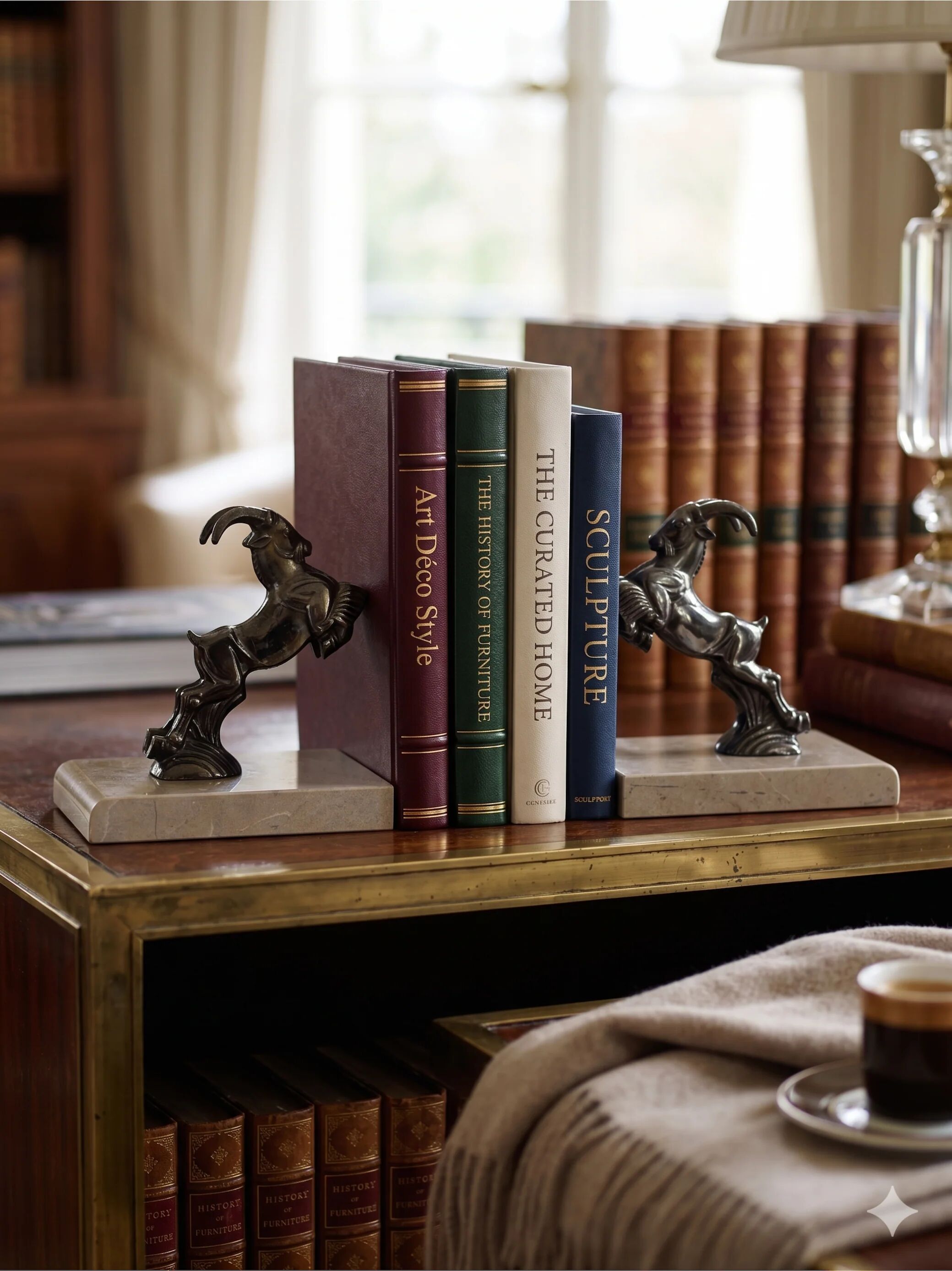 Art Deco bookends with patinated ibex in a taupe marble base.
