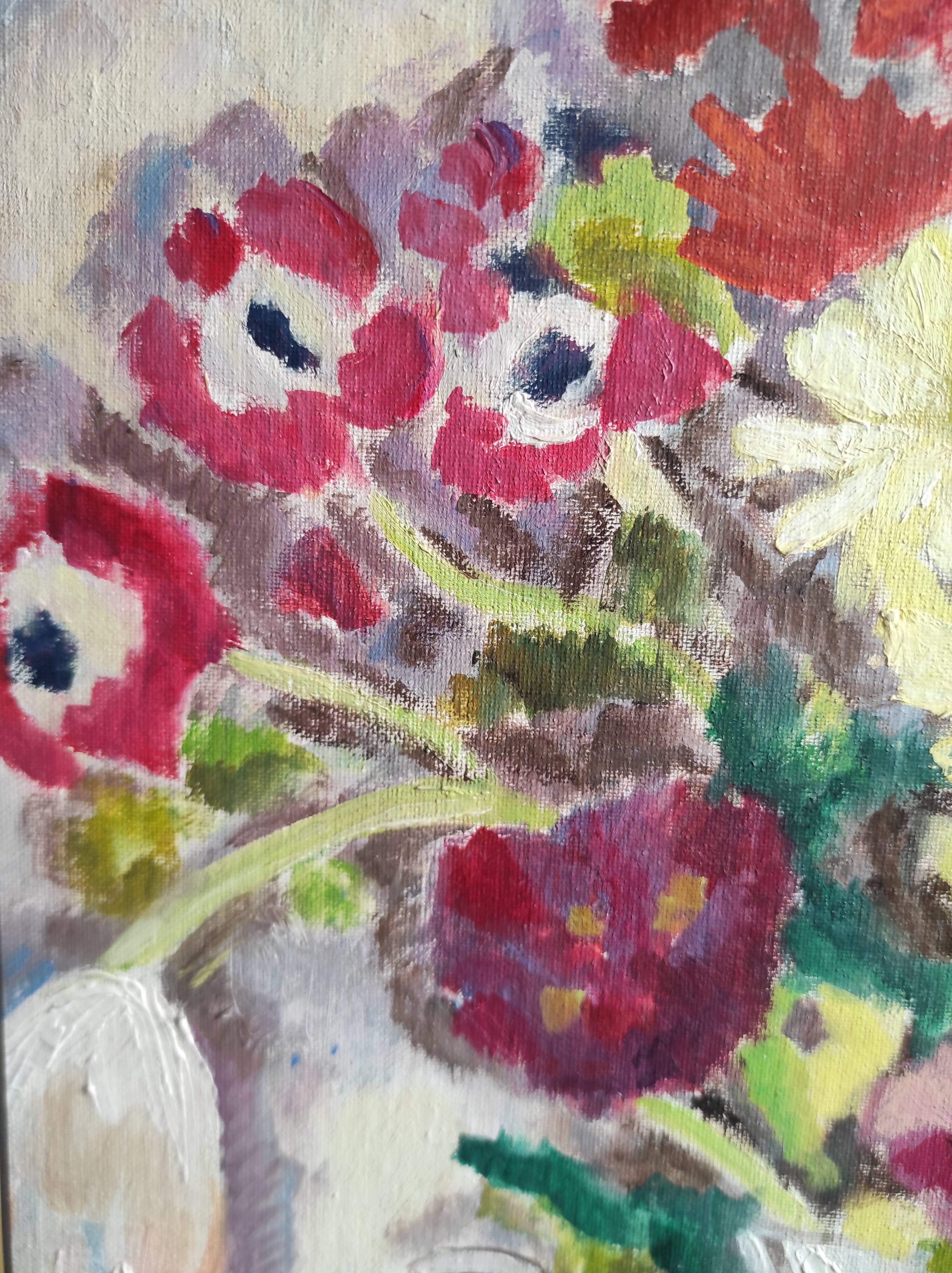 Vintage French oil painting of flowers, signed Renée