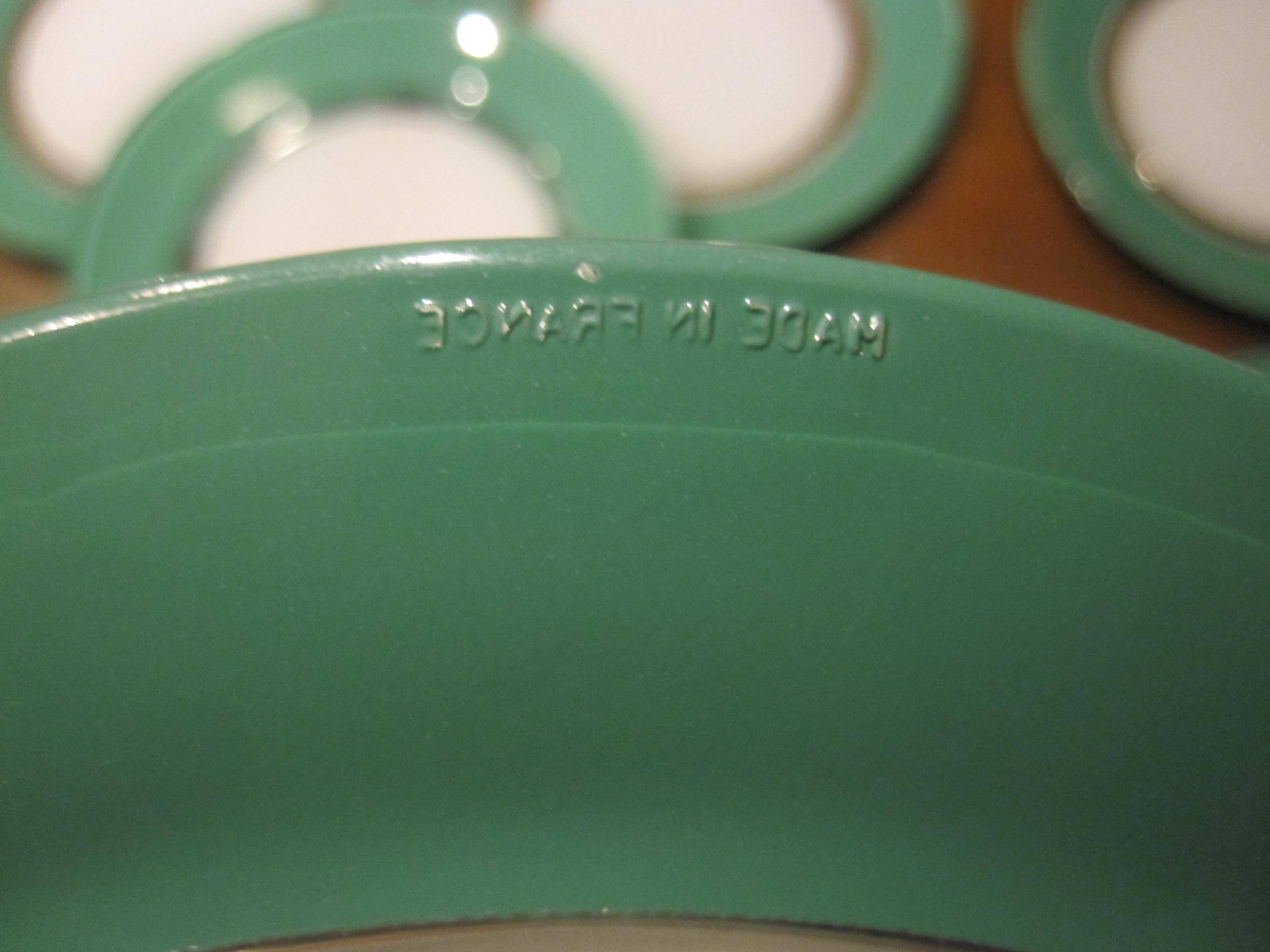 8 small vintage green and white duralex plates