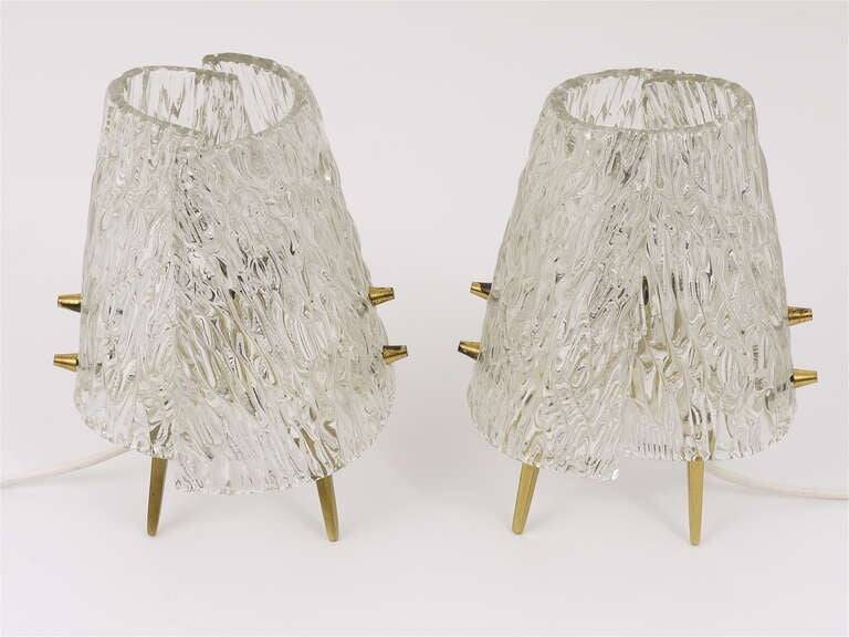 Pair of mid-century brass and textured glass table lamps, Austria, 1950s