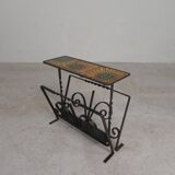 Vintage newspaper rack, magazine rack, table with 3 tiles