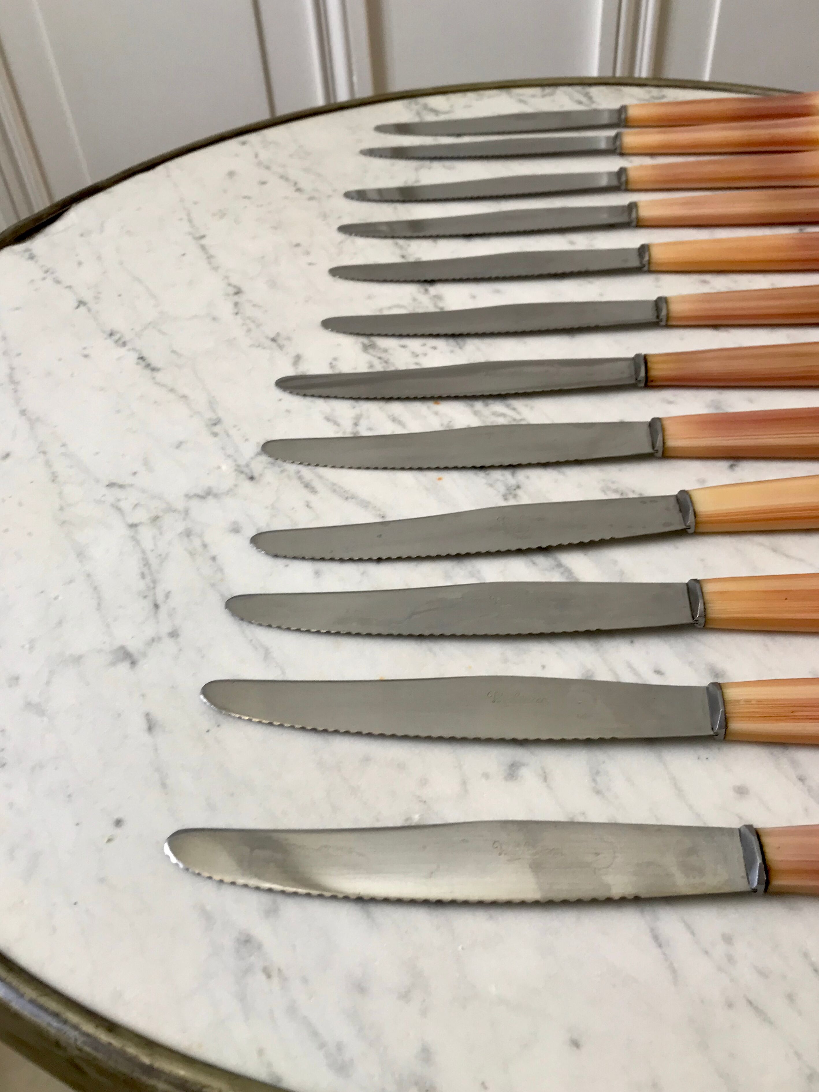 Set of 12 vintage horn knives 70s