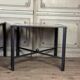 Paire de tables en marbre et métal, rose des vents en marqueterie de marbre, vers 1990
