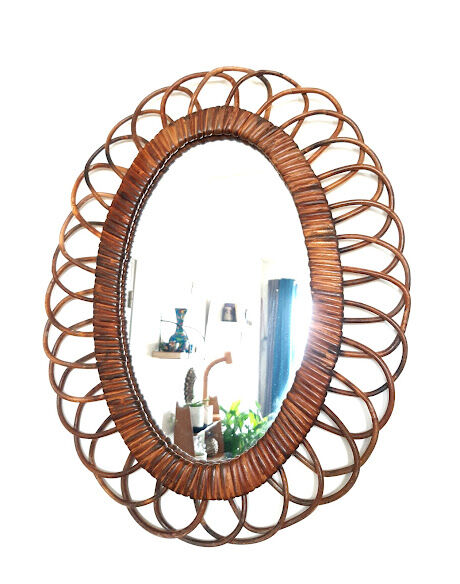 Oval rattan mirror 50 cm circa 1960