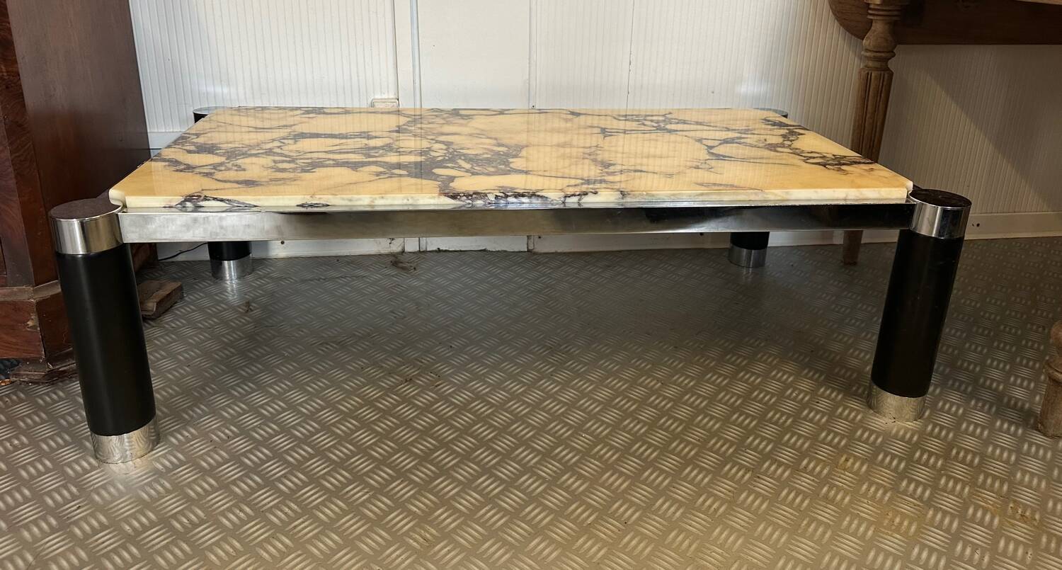 Vintage coffee table in yellow marble & metal – 1970s design – 120 ×