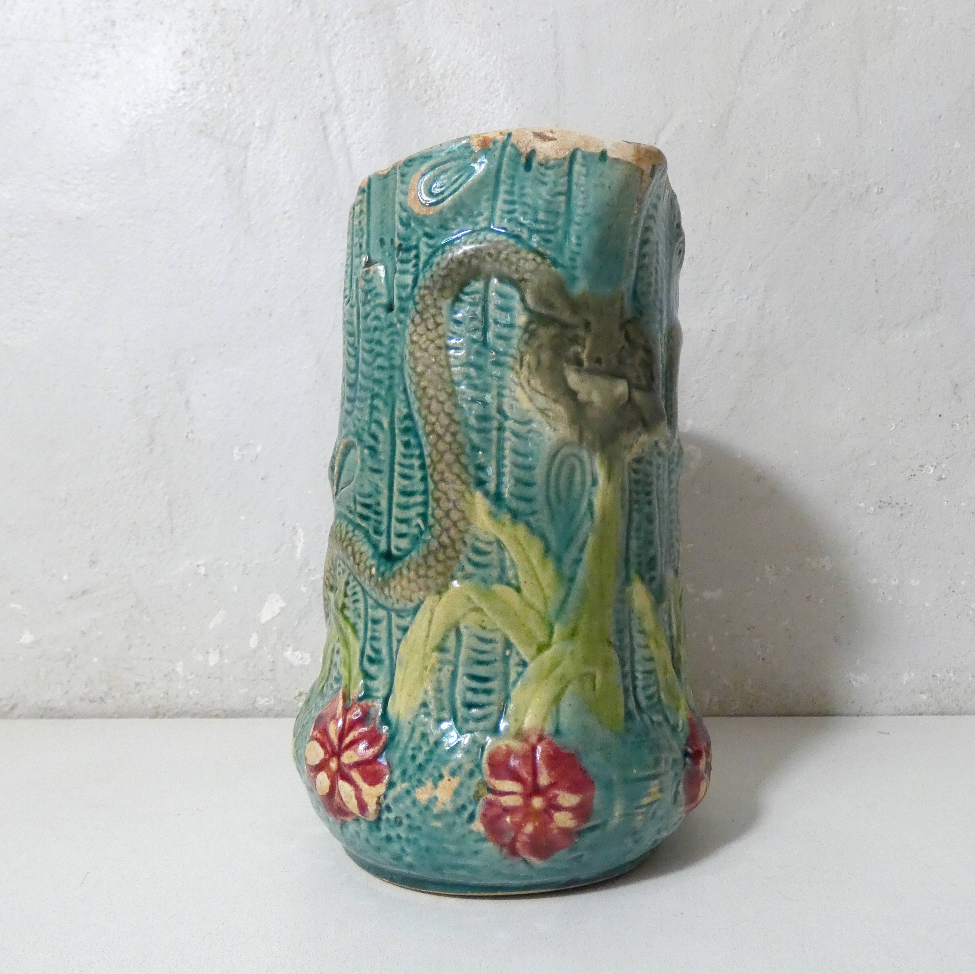 Antique turquoise Art Deco majolica pitcher vase with a snake motif