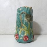 Antique turquoise Art Deco majolica pitcher vase with a snake motif